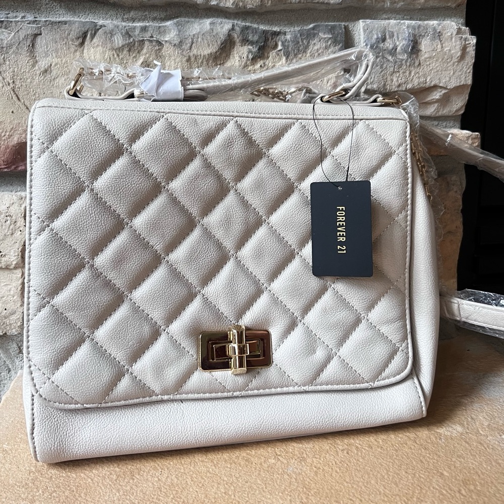 Forever 21 White Quilted Shoulder Bag with Gold Hardware